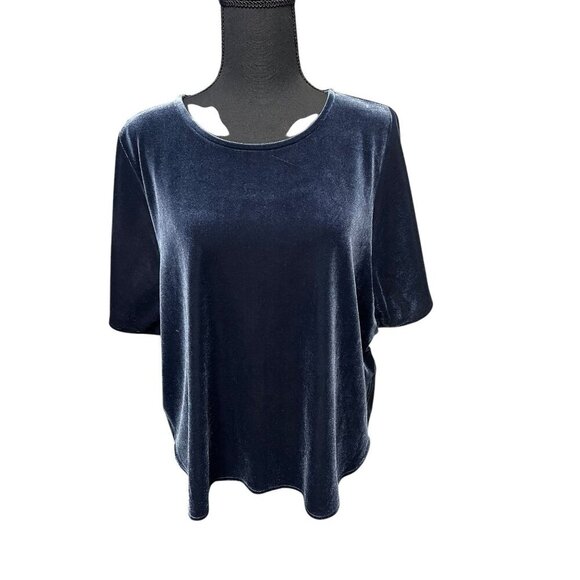 MADEWELL Blue Velvet Short-Sleeve Loose-Fit Top Womens Elegant Round Neck Blouse - Picture 1 of 9